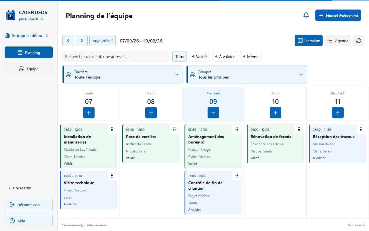 Calendeos : planning hebdomadaire, affectation des &eacute;quipes et suivi des interventions.