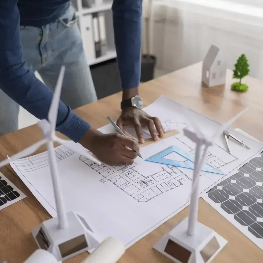 illustration avec un homme travaillant sur des plans